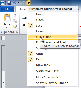Adding Quick Print to the Quick Access Toolbar