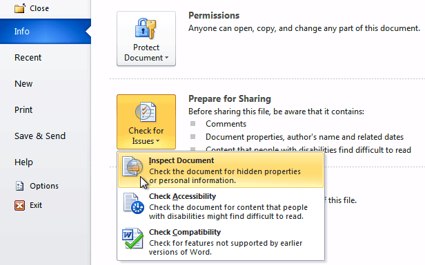 Clicking Inspect Document