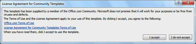 Warning message for a non-Microsoft template