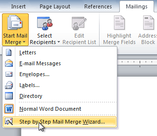 Selecting Step by Step Mail Merge Wizard