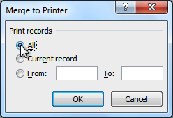 The Merge to Printer dialog box