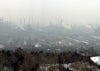 Trees in foreground, buildings and smokestacks beyond.