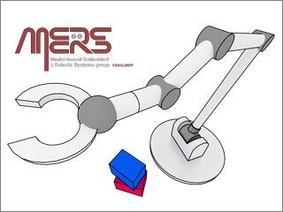 An illustration of a robotic claw with two blocks in the front, one red and the other blue. Also four letters, "MERS" is printed in the corner, which stands for "Model-based Embedded and Robotics System."