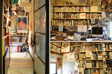 Books lining the hallway and bookshelves on an office.