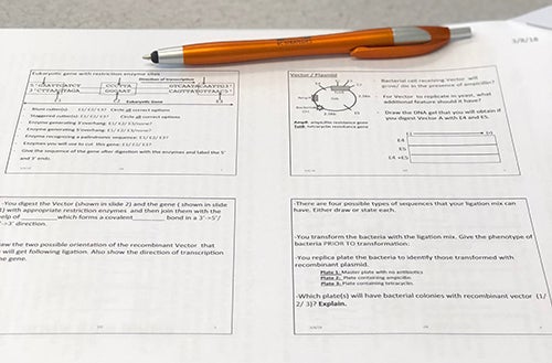 Stapled packet of papers with diagrams and prompts on a table. A pen sits on top of the packet of papers.