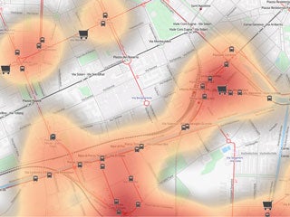 A map overlaid with scattered logos of shopping cart and bus and gradient of orange color.