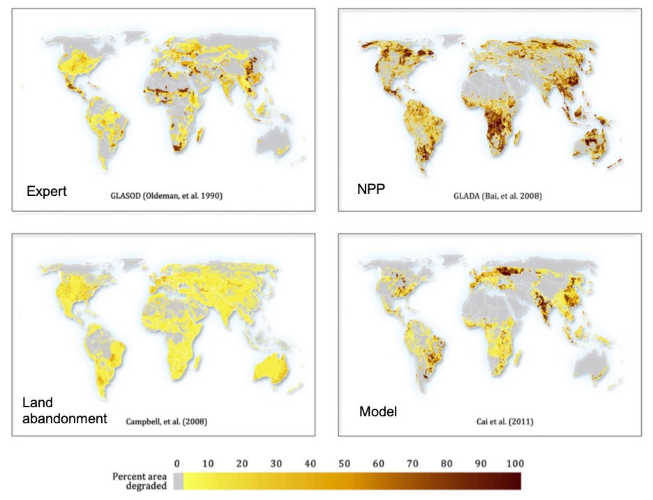 Four maps showing 4 different estimates of global soil degradation .