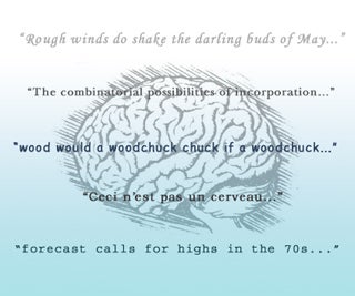 A brain overlayed with saying such as, 'Rough winds do shake the darling buds of May.'