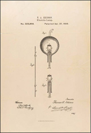 Drawing of an electric lamp and filament from Thomas Edison's U.S. patent, January 27, 1880.