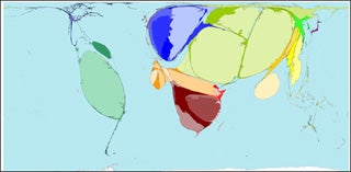 A distorted world map showing the origins of both refugees and internally displaced persons, where Serbia and Montenegro, Bosnia Herzegovina, Iraq, Afghanistan, Azerbaijan, the Gaza Strip and the West Bank appear the largest.