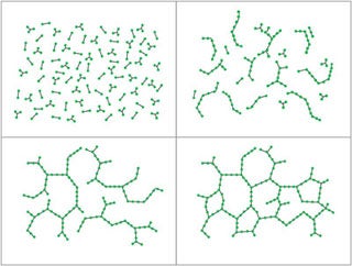 Four figures showing molecular bonds forming as epoxy cures.