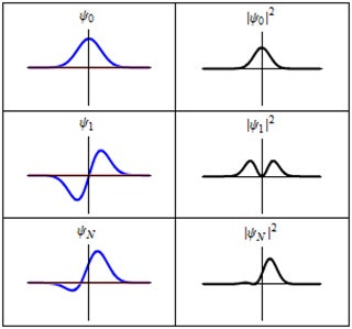 Six curve graphs show wave function and probability distribution.