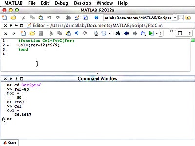 Screenshot of a function definition to covert Fahrenheit to Celsius and the respective function call.