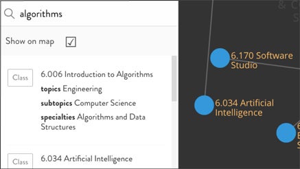 A screenshot of the curriculum map displaying information on courses matching a certain search term.