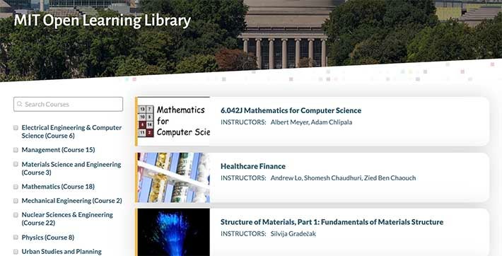 Screenshot of MIT Open Learning Library catalog page, showing several course summary cards.