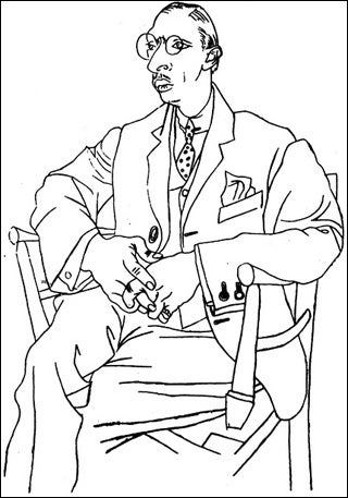 Line drawing of Stavinsky, wearing a suit, hands loosely together, sitting in a chair.