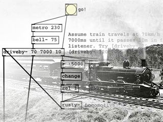 Collage of a Pure Data patch, consisting of several labeled boxes connected by lines, overlaying a black-and-white photo of a steam locomotive with steam blowing up out of the whistle.