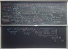 Neutron diffusion related equations on two blackboards.