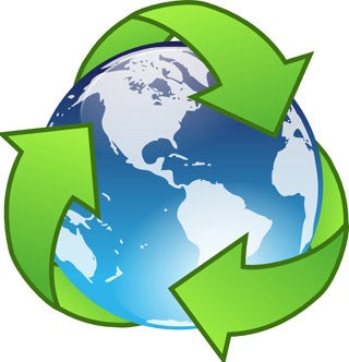 Earth encompassed by recycling symbol.