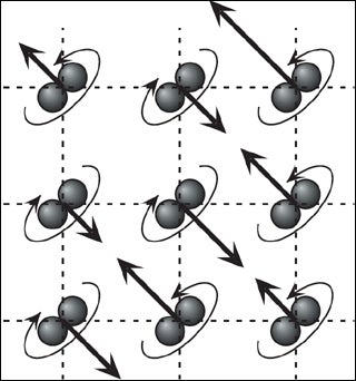 Spheres on a lattice with directional arrows.