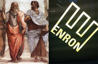 On the left is an image of Plato and Aristotle, on the right is the Enron logo.