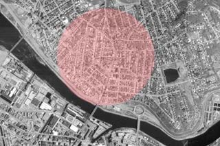 Aerial photograph with the Centralville neighborhood highlighted in pink.