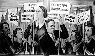 Men and women holding signs with slogans such as Higher Pay and 5-day Week.