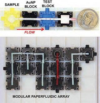 Dime-sized square blocks, snapped together in a line, with upper and lower overlapping paper tabs. Below this, the same type of blocks are arranged to form the letters M, I, and T. 