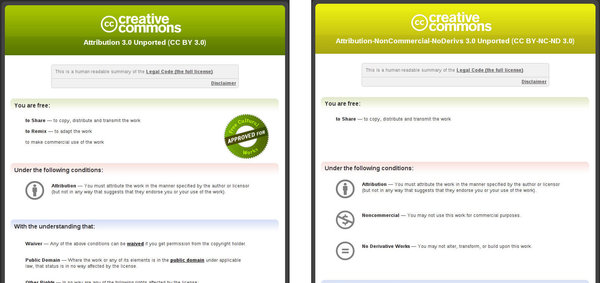 Screenshots of two license deeds, shown side by side to emphasize the difference in appearance between a Free Culture license and a Non Free Culture license.