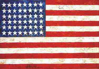 Jasper Johns, Flag, 1954-55, Encaustic, oil, collage on fabric mounted on plywood, 42 x 61 in. Museum of Modern Art, New York.