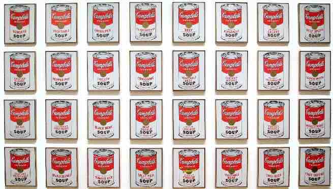 Andy Warhol, Campbell's Soup Cans, 1962, synthetic polymer on 32 canvases. 20 x 16 in each. Museum of Modern Art, New York.