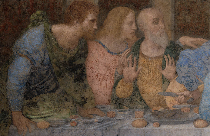 Bartholomew, James Minor, and Andrew (detail), Leonardo da Vinci, Last Supper, 1498, tempera and oil on plaster (Santa Maria della Grazie, Milan)
