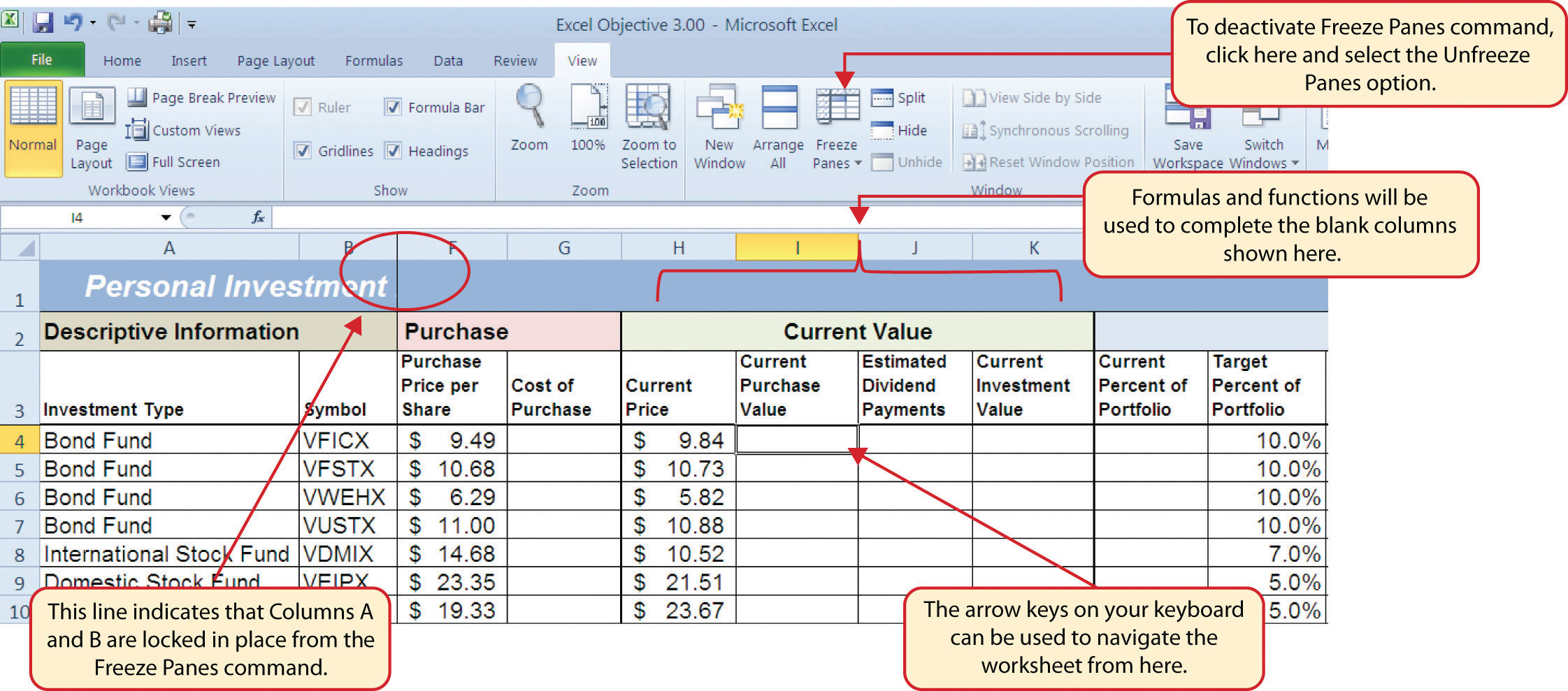 Freeze Panes Command Activated on the Investment Detail Worksheet