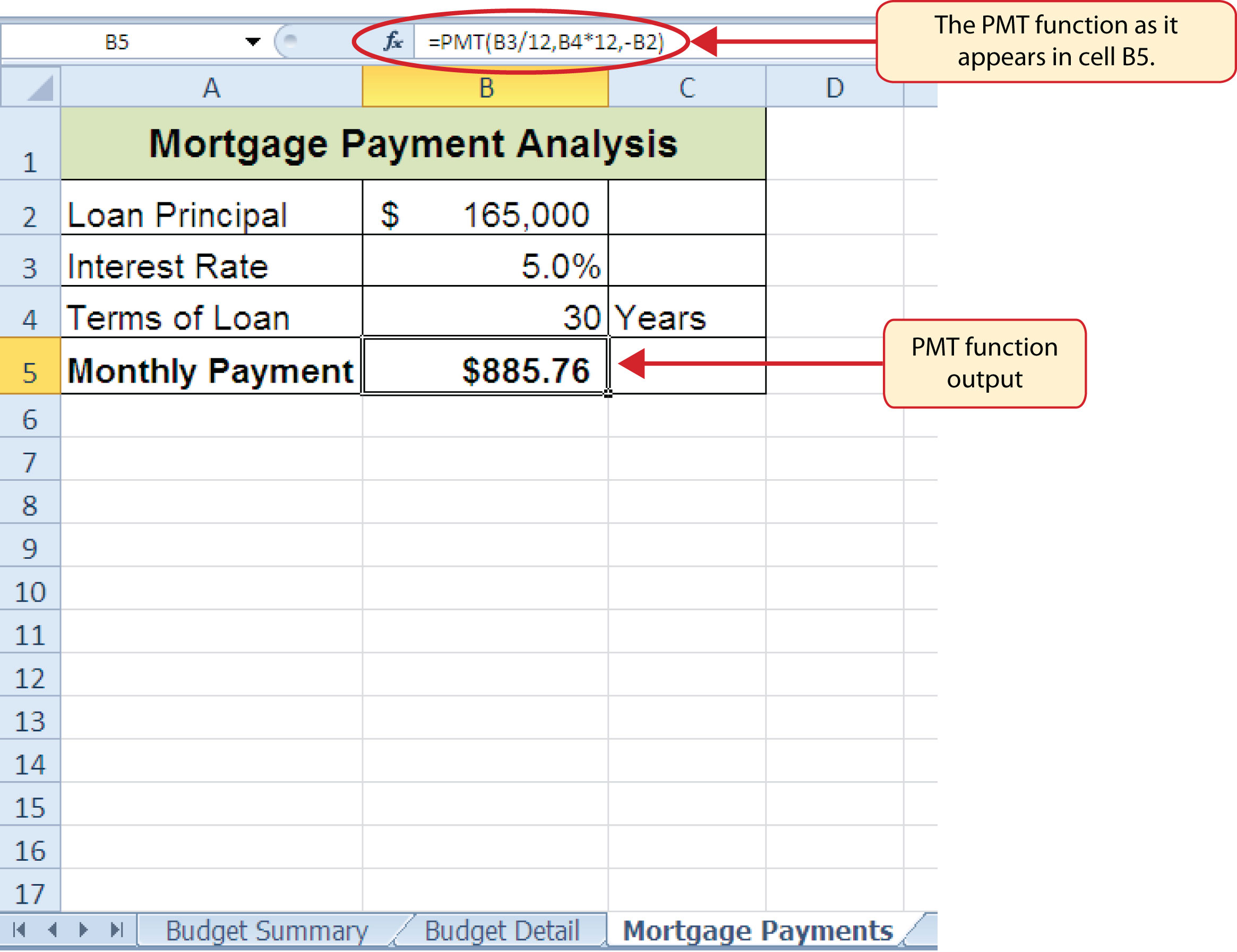 Mortgage Payments Worksheet with the PMT Function
