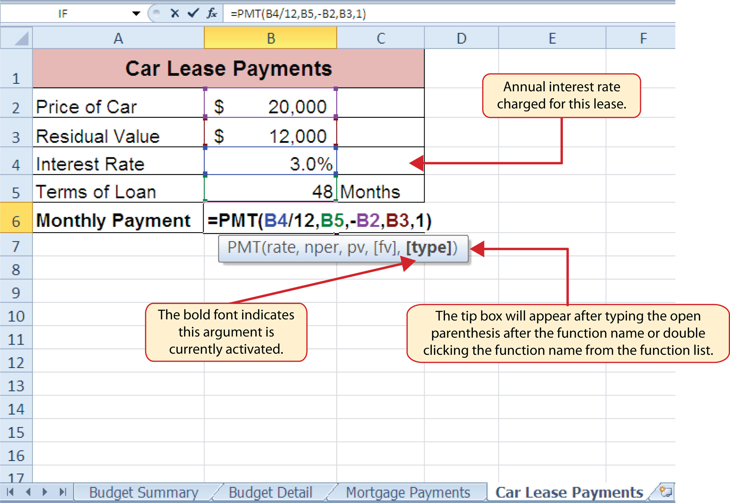 PMT Function Constructed to Calculate Lease Payments