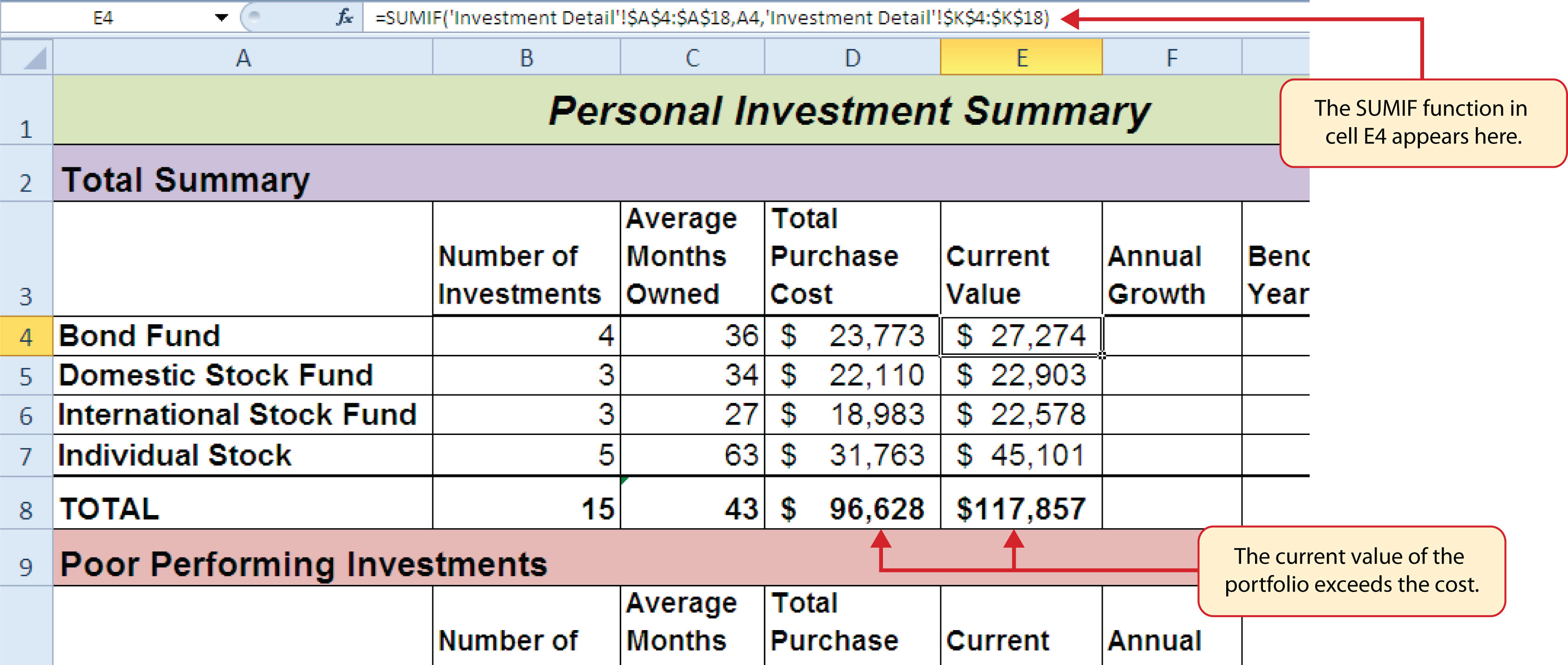 SUMIF Function Outputs in the Portfolio Summary Worksheet