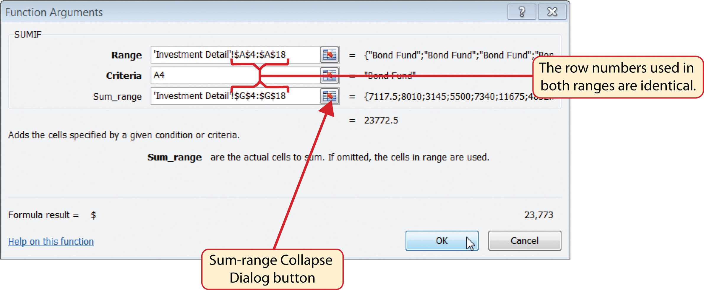 Defined Arguments for the First SUMIF Function on the Portfolio Summary Worksheet