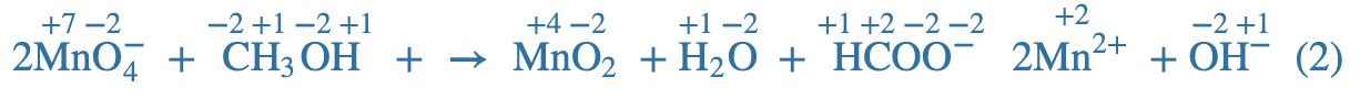 Equation 2MnO4- + CH3OH+ creates MNO2 +H2O + HCOO- 2Mn2+ + OH-
