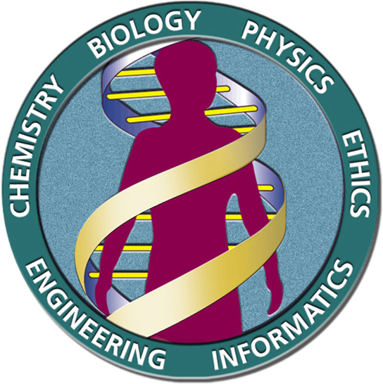 The human genome project's logo is shown, depicting a human being inside a DNA double helix. The words chemistry, biology, physics, ethics, informatics and engineering surround the circular image