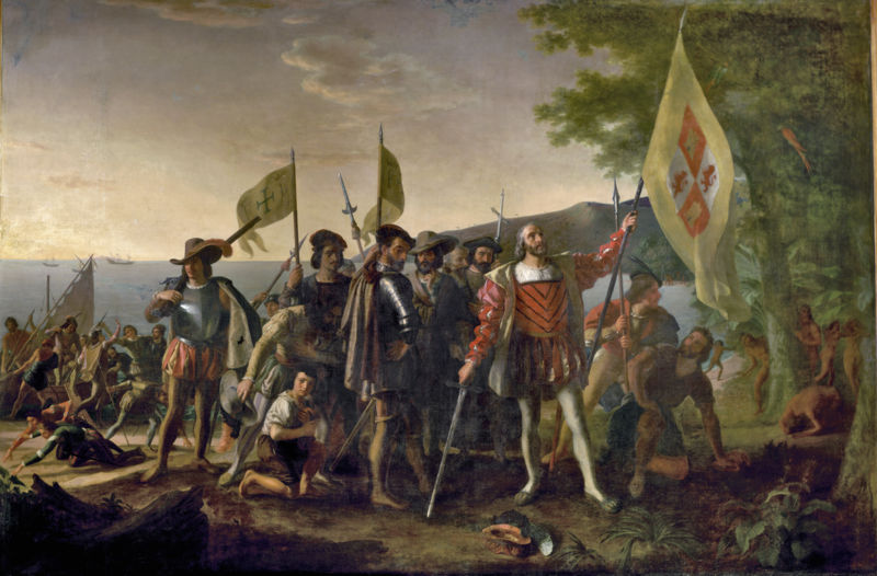 Photo of a painting that depicts the arrival of Christopher Columbus in the Americas.